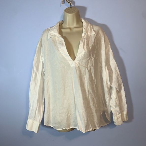 H&M White linen cotton Long Sleeve popover tunic collared shirt size large - Picture 1 of 6